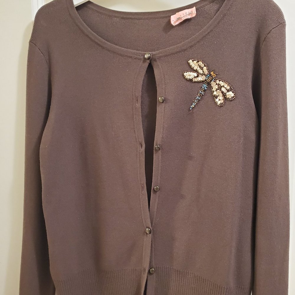 Ann Taylor Loft Cardigan with beaded & sequin dragonfly accent